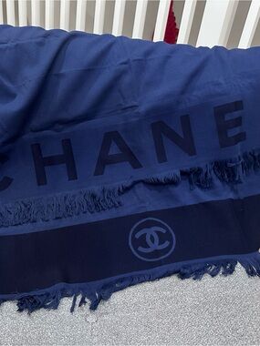CHANEL Navy Logo Fringe Scarf Wrap